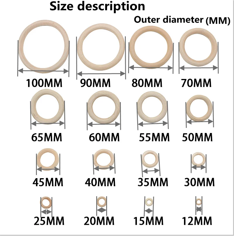 Unfinished Solid Wooden Rings 12-125MM Natural Wood Rings for Macrame DIY Crafts Wood Hoops Ornaments Connectors Jewelry Making