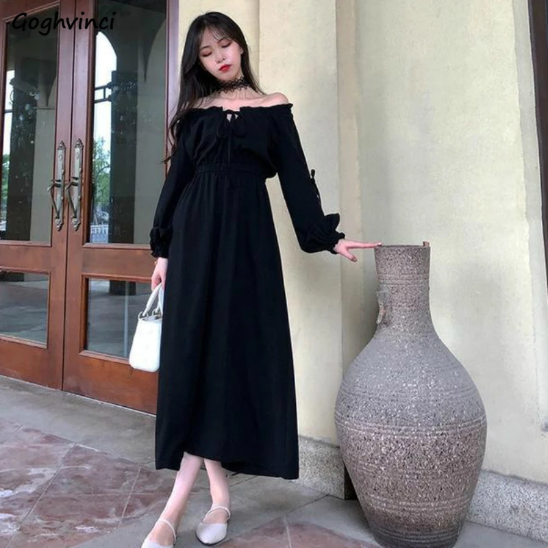 

Long Puff Sleeve Dress Slash Neck Drawstring 2XL Solid Sexy Elegant Ladies Spring New Loose Side Slit Daily Streetwear Sweet Ins