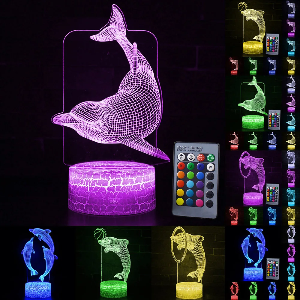 Chrismas 3D LED Dolphin Night Light Remote/Touch Control 7/16 Color Change LED Table Desk Lamp Kids Gift Home Decoration D30