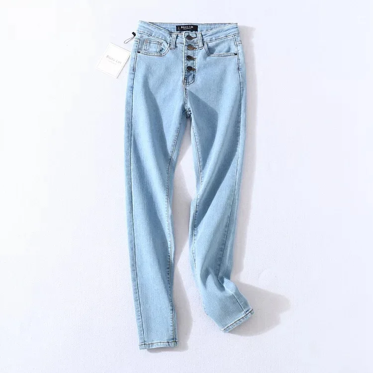 Vintage Skinny Four Buttons High Waist Pencil Jeans Women Slim Fit Stretch Denim Pants Full Length Denim Tight Trousers