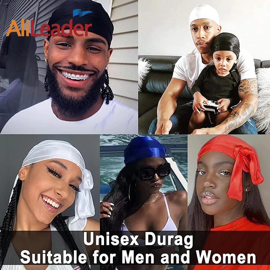 1 pezzo Silky Durag con coda lunga di seta Doo Rags per uomo Satin Durag Waves Turban Hat uomo bandane nere coda Extra lunga Du-Rags