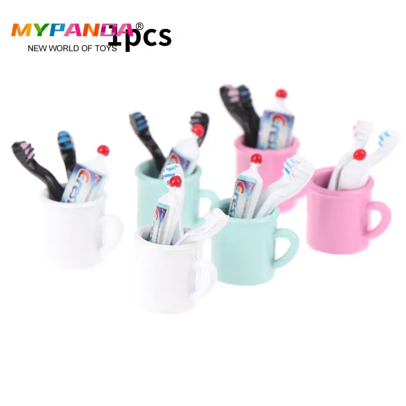 

4Pcs/Set 1/12 Doll House Miniature Mini Mouthwash Cup And Toothpaste Toothbrush Set for Dollhouse Bathroom Furniture Decor