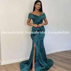 Teal Mermaid abiye 2021 kadınlar için açık omuzlu ön Ruffles örgün uzun elbise yan bölünmüş balo abiye akşam parti elbise