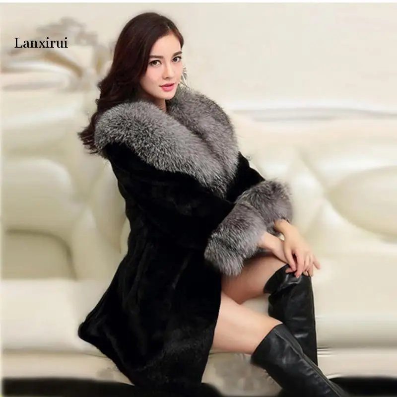 

Winter new mink Faux Fur Coat in the long section of the imitation fox fur collar Fur Coat Female large size Jacket Fur Women