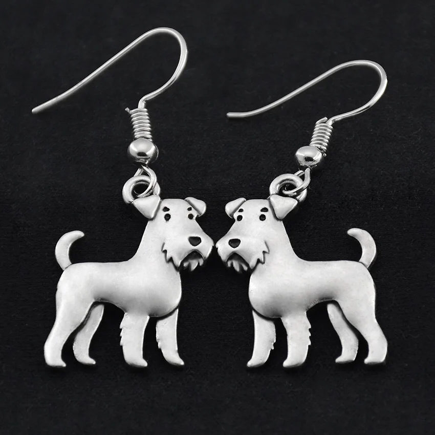 Antique Silver Color Boho Airedale Terrier&Schnauzer Dog Charm Drop Dangle Hook Earrings Big Long Unique Earrings For Women