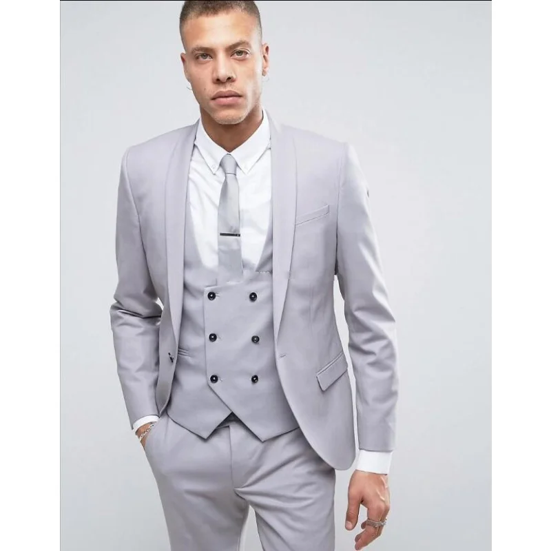 

Light Grey Formal Groomsmen Peak Lapel Groom Tuxedos Two Buttons Men Suits ( Jacket+Pants+Vest )