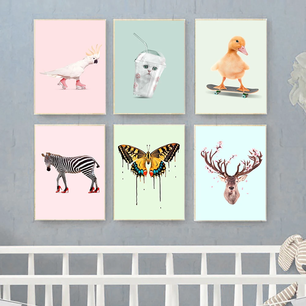 

Scooter Duck Wall Art Funny Zebra High Heels Deer Cat Canvas Painting Nordic Posters And Prints Wall Pictures Kids Room Decor