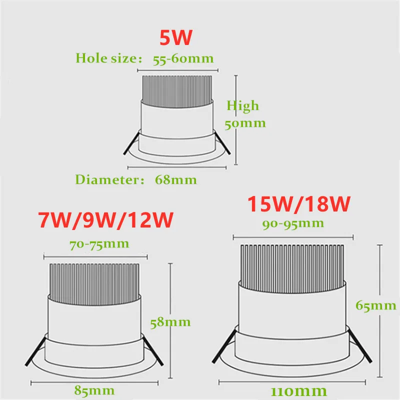 4 türleri kısılabilir gömme LED downlight 5W 7W 9W 12W 15W 18W COB LED tavan lambası Spot ışıkları AC110-220V yuvarlak LED Panel lambası