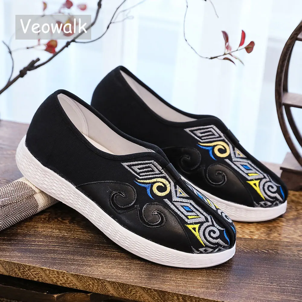 Veowalk Men's Patchwork Embroidered Black Loafers Light Comfortable Casual Flat Shoes Vintage Slip-On Sneakers for Walking