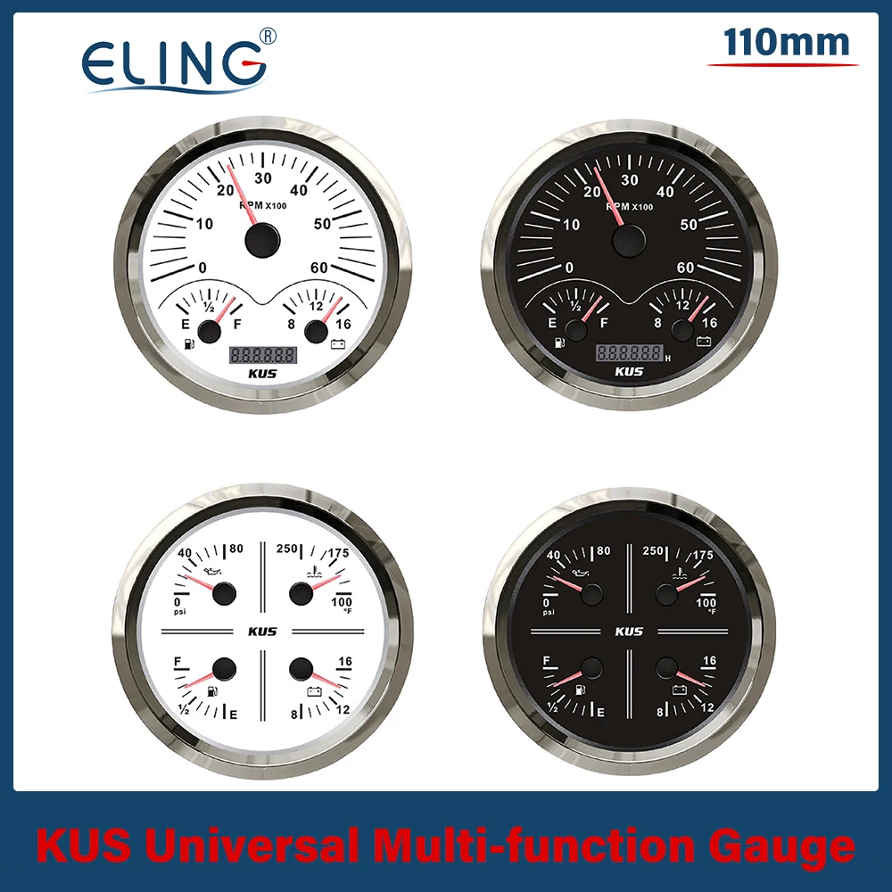 KUS 110mm Multi-functional 0-6000RPM Tachometer Oil Pressure Fuel Level Water Temp 12V Voltmeter with Red Yellow Backlight