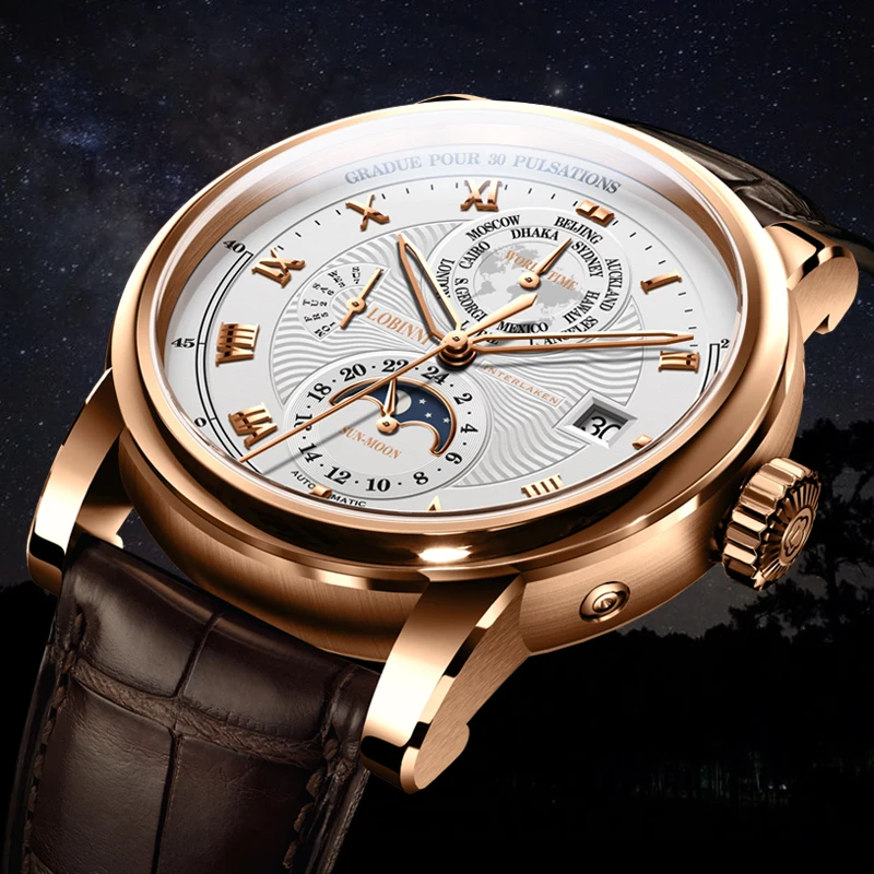 LOBINNI-reloj mecánico automático para hombre, cronógrafo de marca de lujo, fase lunar, movimiento de gaviota de cuero de zafiro, Suiza