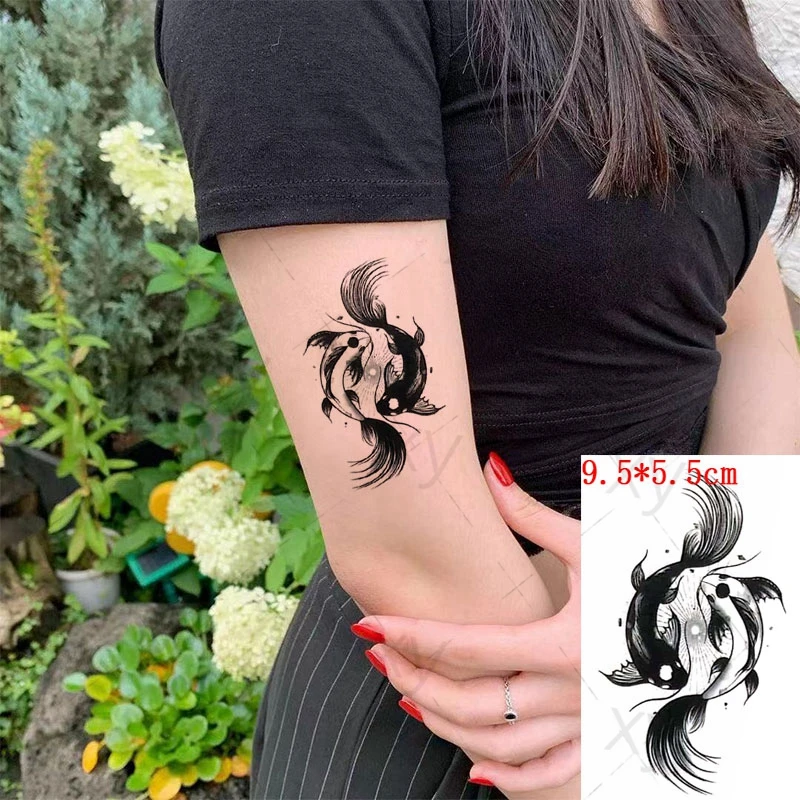 Tatuagem temporária à prova d'água tai chi, tatuagens artísticas de peixes com flash, tatuagem falsa com pulso para mulheres e meninas