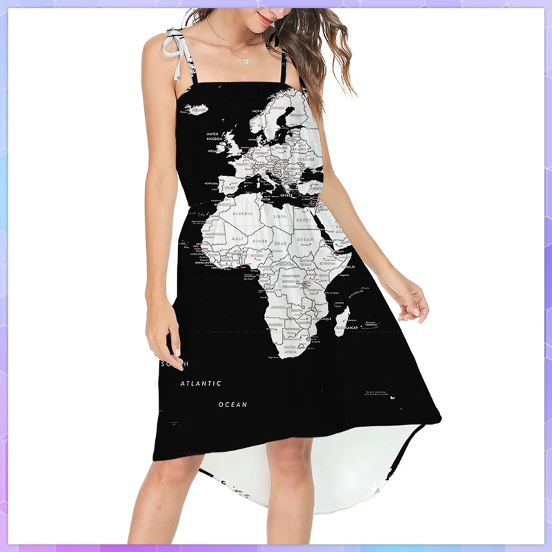 Vintage Cross-Border New World Map Print Dress Sexy Backless Beach Dresses Irregular Sleeveless Spaghetti Strap Elegant Sundress