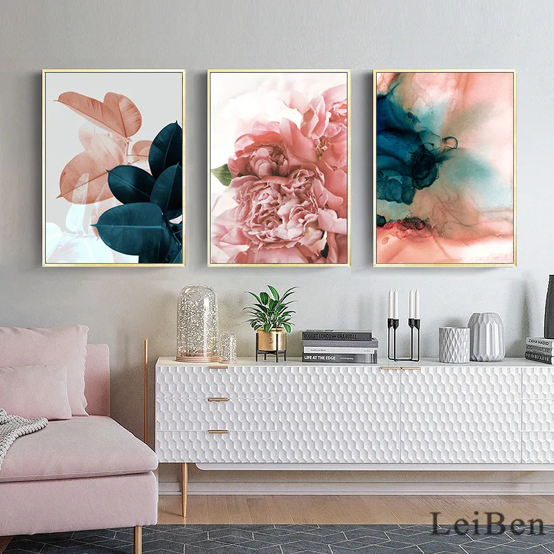 

Nordic Pink Flower Interior Paintings Green Leaves Poster Wall Art Canvas Painting Abstract Pictures for Living Room Home Decor