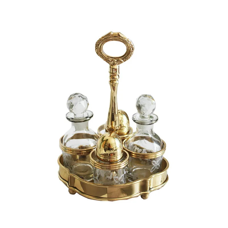 

Handmade Gold Brass with Glass Four-Grid Seasoning Jar Seasoning Bottle High-End Luxury Restaurant glass bottle jars and lids
