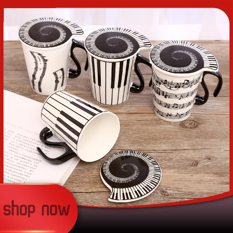 Creative Ceramic Mug with Cup lid Coffee Cup Piano Musical Note Coffee Mugs Tea Cup Porcelain Travel Cup For Milk Mug