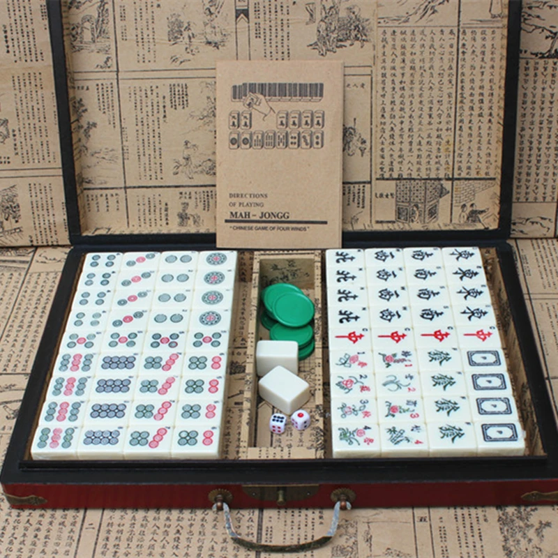 Mahjong Portable Folding Wooden Boxes Set Table Game Mah-jong Travelling Board Game Indoor Antique Leather Box English Manual