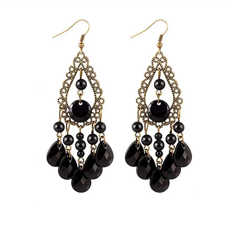 European and American Bohemian Black Retro Ethnic Style Carved Beads Hollow Long Fringe Drop Earrings for Women Wedding Jewelry