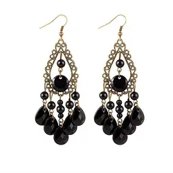 European and American Bohemian Black Retro Ethnic Style Carved Beads Hollow Long Fringe Drop Earrings for Women Wedding Jewelry