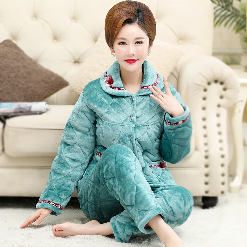 Pyjamas women three layer thickening warm winter quilted jacket women's pajamas pijamas mujer inverno M-3XL tracksuit