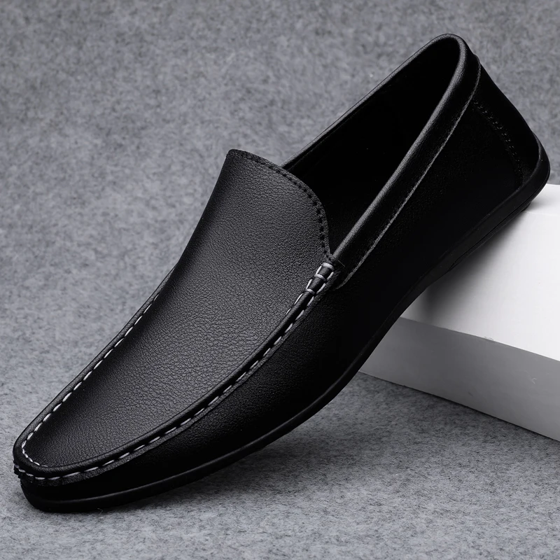 Spring Autumn Men\'s Casual Leather Shoes For Men Black White Solid Slip-On Plus Size Dropshipping 46 47