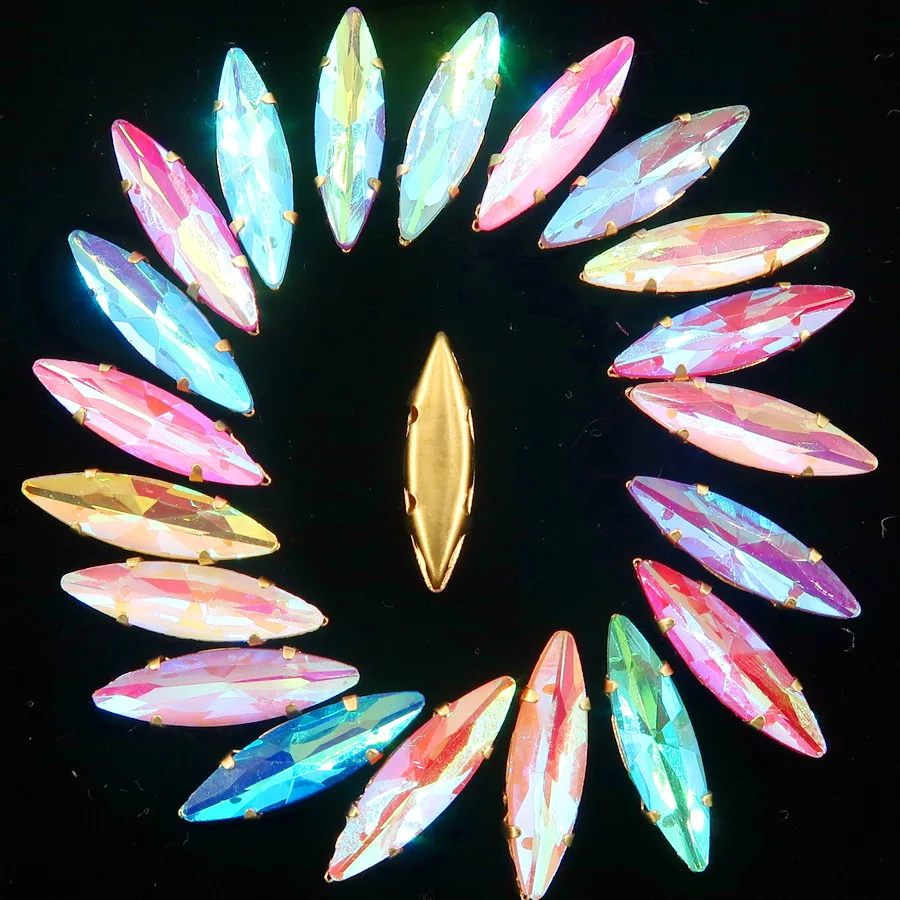 Schlanke Navette-förmige Goldklauenfassungen, 50 Stück/Packung, Regenbogen- und Jelly-Candy-AB-Glaskristalle, 4*15 mm, zum Aufnähen, Strass-Applikation, DIY – Detail 4
