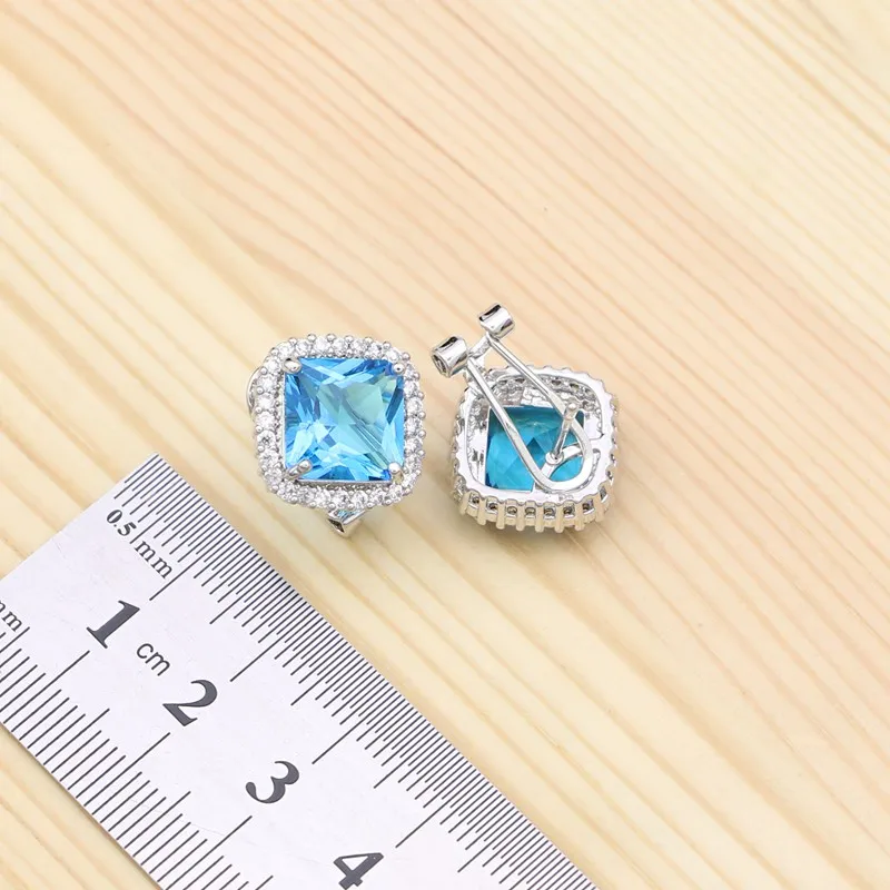 Silver 925 Jewelry Kits For Women Engagement Gift White Crystal Sky Blue Cubic Zirconia Earrings/Pendant/Necklace/Ring Set