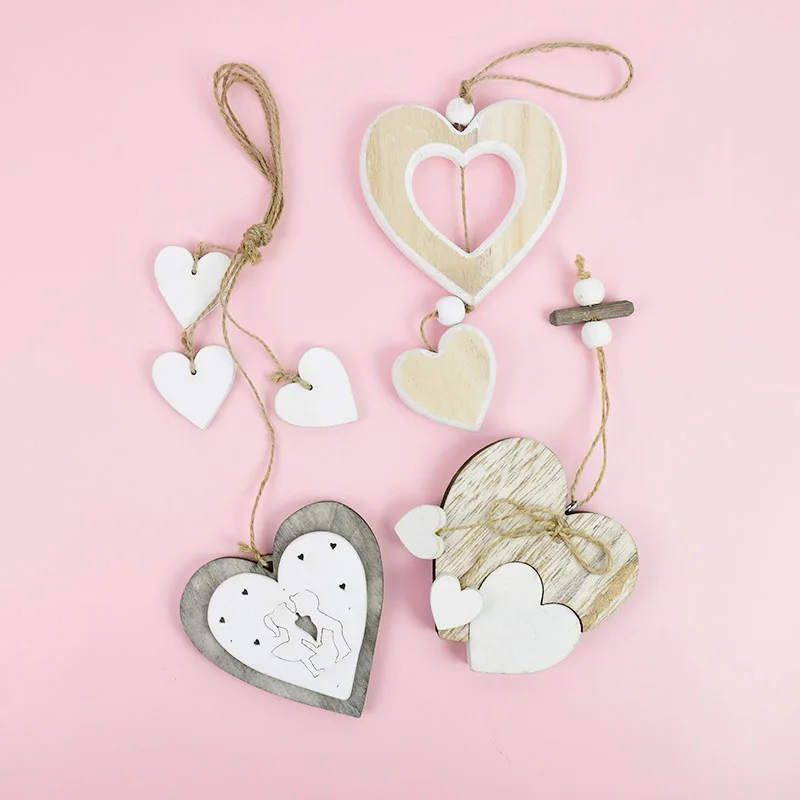 Wooden Heart Pendant Hanging Ornament Craft Supplies Wedding Favor Gift Valentine's Day Decoration