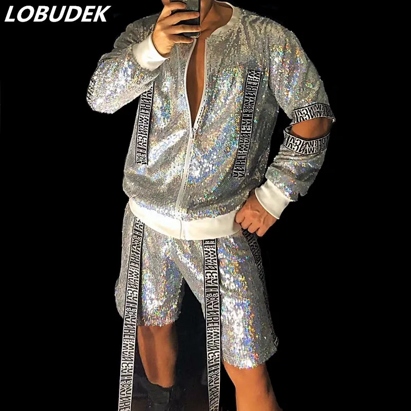 Bar Nightclub Male Street Dance Costume Silver Sequins Baseball Jacket Shorts Hip Hop Dancer Singer Performance 2 Pieces Set