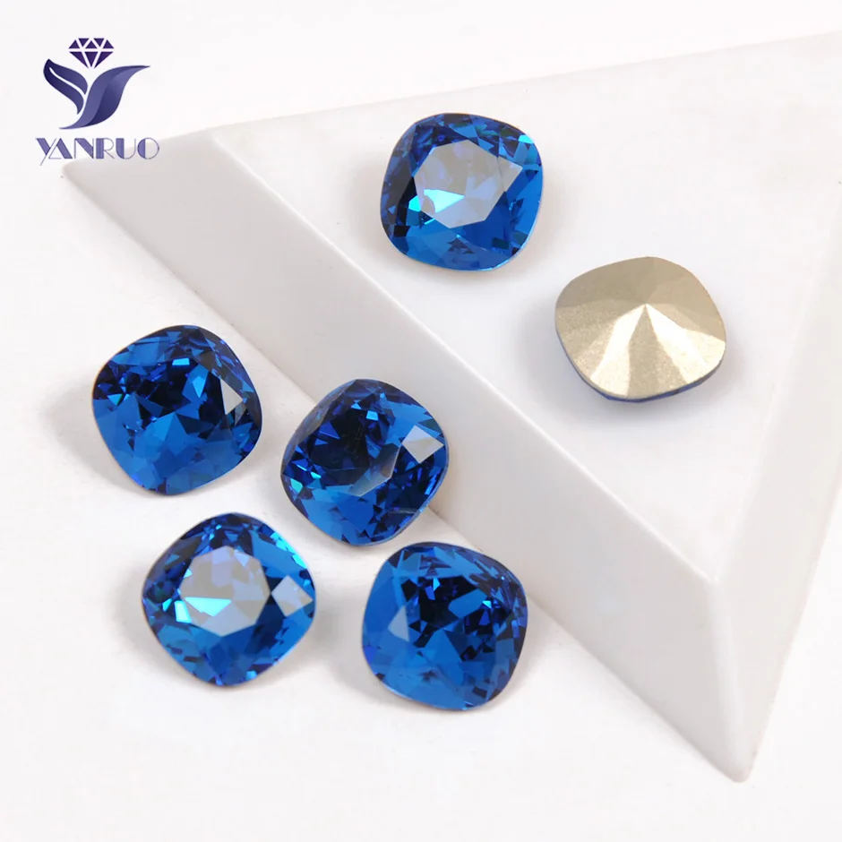 YANRUO 4470 Cushion Cut Capri Blue Sewed Rhinestones Glass Crystal Sew On Stones Claws Accessories Jewelry Needlework Dress