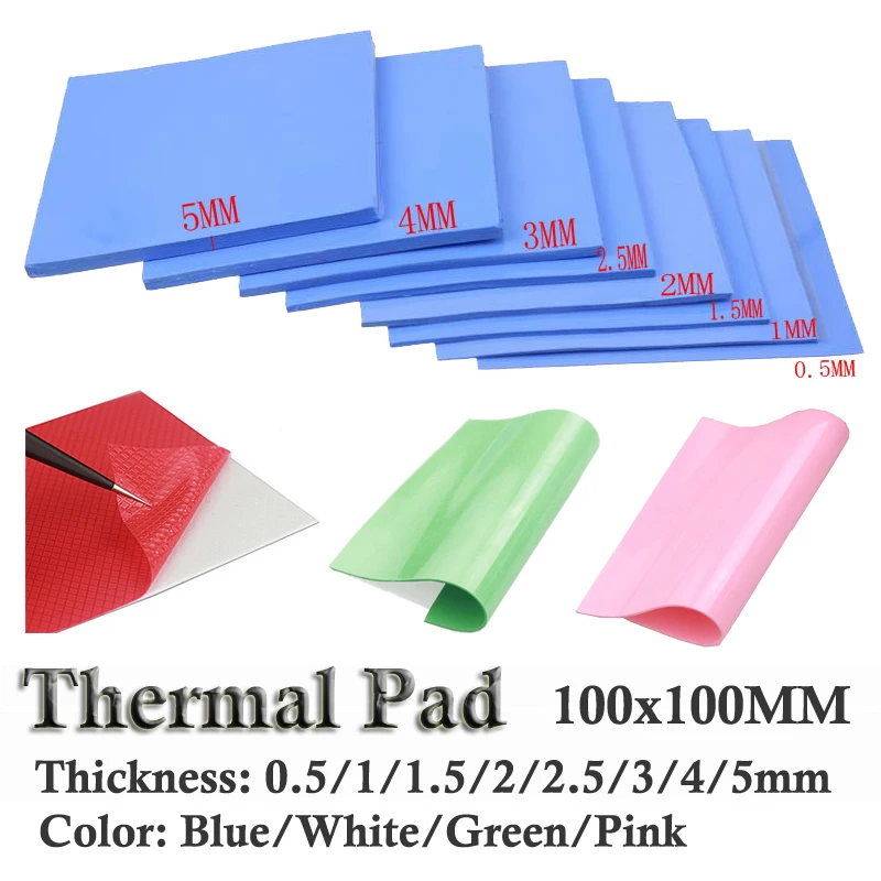 8pcs 100x100x1mm 0.5mm 1.5mm 2mm 2.5mm 3mm 4mm 5mm Blue White Green Pink CPU Heatsink Cooling Conductive Silicone Thermal Pad