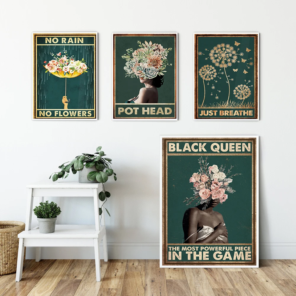 Pot Head Canvas Painting Black Queen Just Breathe Poster Mental Health Vintage Modular Posters and Prints Wall Art Home Decor