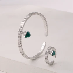 2021 Classic Women Fashion 2 Pcs Bracelet & Ring Set Simple Candy Color Stone Design Gold Cuff Bangle Ring Dubai Jewelry Set