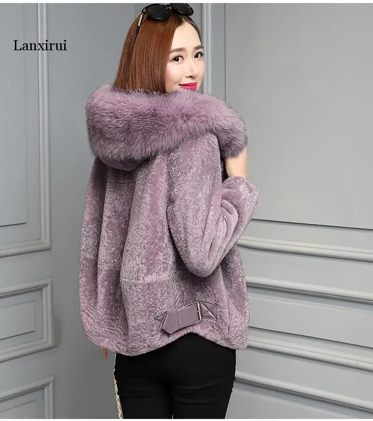 Ladies Leather Jackets Faux Fur Coat Female Winter New Faux Fox Hair Collar Short Lamb Sheepskin Shear Faux Fur Coat Hooded