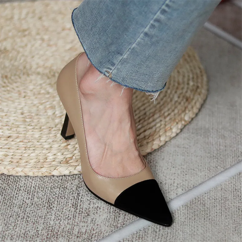 Meotina Pointed Toe Pumps Women Shoes Genuine Leather High Heels Shallow Thin Heel Dress Shoes Female Footwear Apricot Size 40