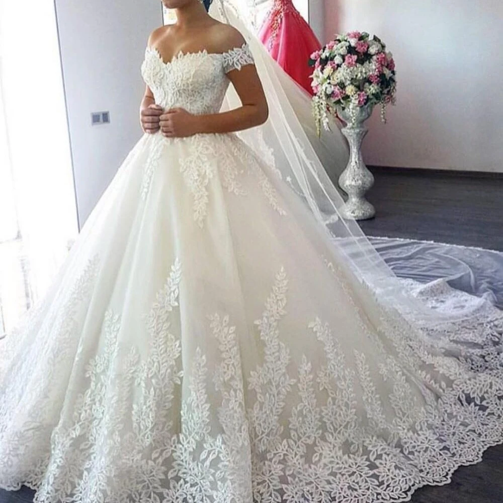 BANVASAC Sweetheart koronkowa suknia balowa z aplikacjami suknie ślubne Off The Shoulder Tulle Court Train suknie ślubne