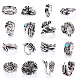 24 Style Vintage Feather Ring Men Women Titanium Steel Motorcycle Rock Ring Peacock Feathers Arrow Opening Rings Jewelry Gift