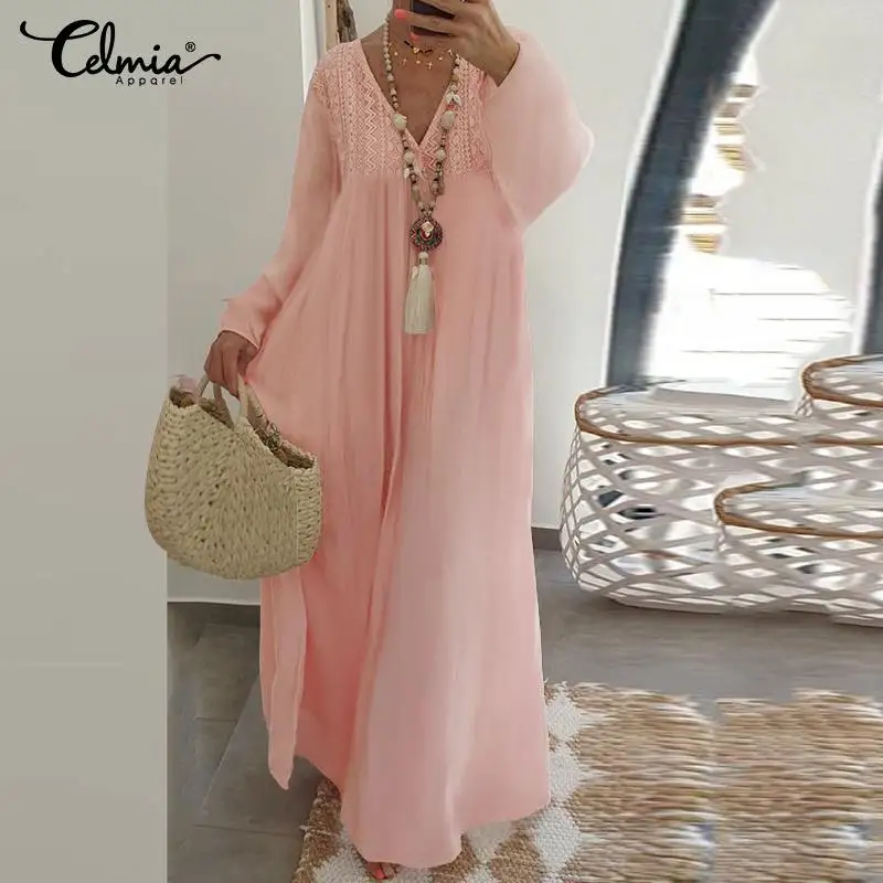 Abito estivo bianco da donna Maxi abiti Celmia 2022 Sexy scollo a V in pizzo con volant abito estivo lungo elegante manica lunga lanterna abiti