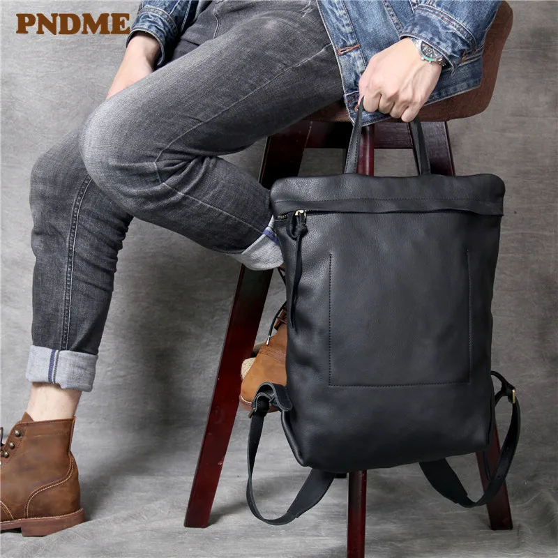 PNDME high quality fashion cowhide men's women's backpack casual simple daily light genuine leather black travel laptop bagpack