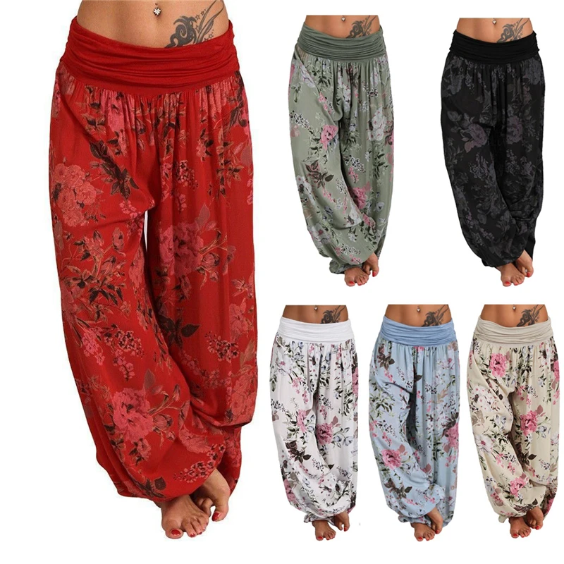 Pantalones bombachos de cintura alta para mujer, pantalón informal, holgado, Floral, cómodo, 2020