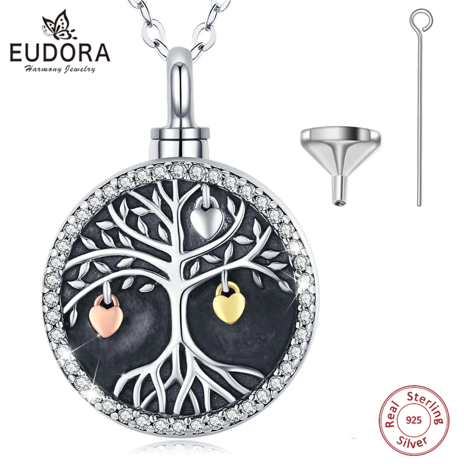 Eudora 925 Sterling Silver Tree of Life Heart Fruit Crystal Locket Pendant Cremation Memorial Ashes Urn Necklace jewelry G023