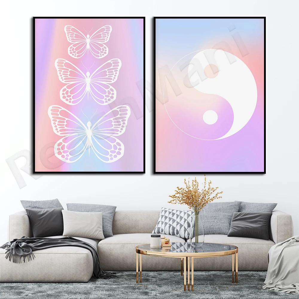 

Pastel Gradient Butterflies Print-gradient yin and yang, Y2K trend, bohemian pastel retro style minimalist art poster aesthetic