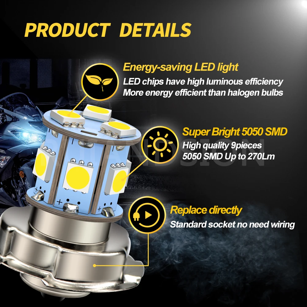 RUIANDSION P26S Motorcycle Headlight Led Bulb Driving Lights Motorbike Moto Bike Headlamp Lamp Bulb 3W 720LM 6000K White 10-80V