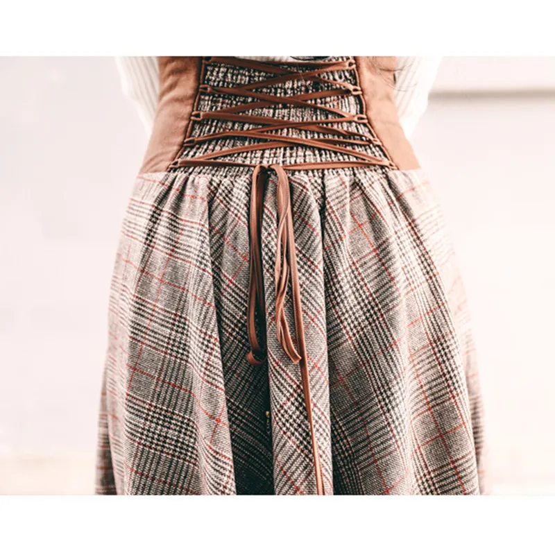 French Chic Vintage High Waisted Button Design Back Lace-Up Corset Skirt Women Autumn Winter Thick A-Line Long Maxi Wool Skirts