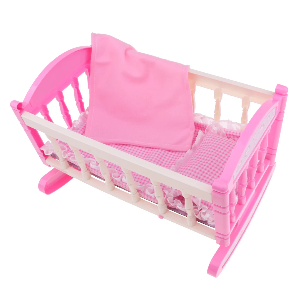 Pink Rocking Bed for Dolls | Baby Doll Cradle Toy Furniture and Play Accessories | Fits 9-12inch Reborn Dolls