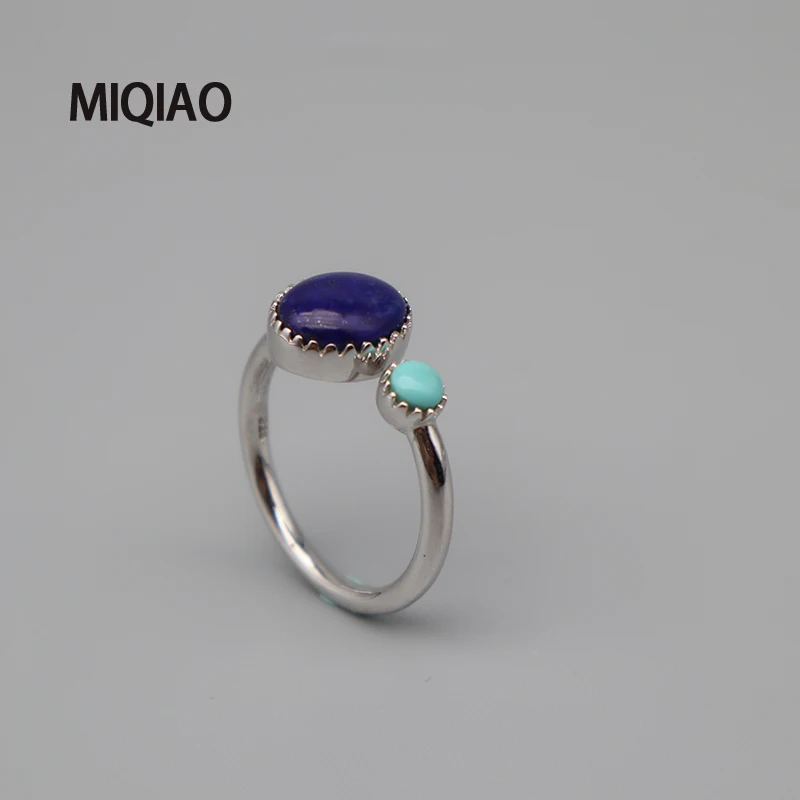 MIQIAO New Women's Rings With Stones Natural Lapis Lazuli 925 Sterling Silver On Fingers Geometric Oval Round Fashion Jewelry