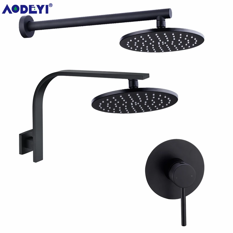 AODEYI Solid Brass Black Bath Shower Set Bathroom Gooseneck Shower Arm 8/10/12 Inch Rain Shower Head One Way Mixer Set