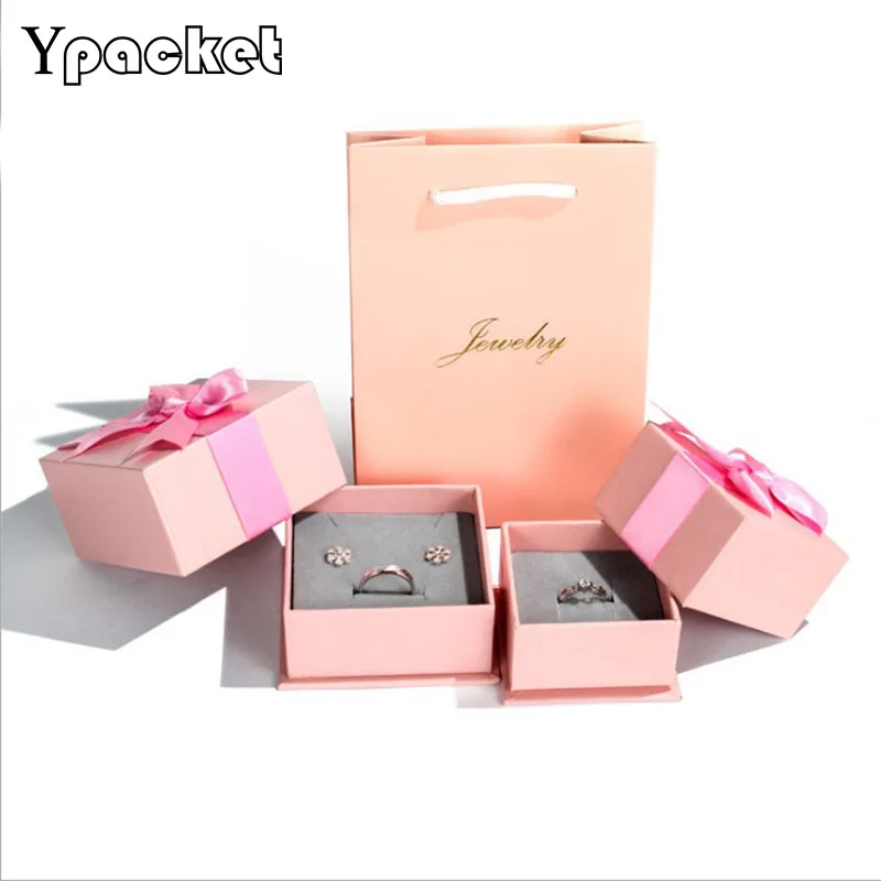 

Square Jewelry Organizer Box Pink Engagement Ring For Earrings Necklace Bracelet Display Cases Gifts Storage Ribbon Box 30pc/Lot