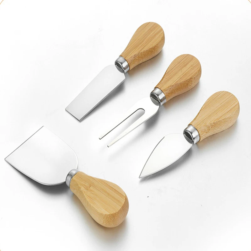 WIKHOSTAR 4pcs/set Stainless Steel Cheese Knives Oak Handle Cheese Cutter Cheese Board Butter Spatula Kitchen Cheese Tools