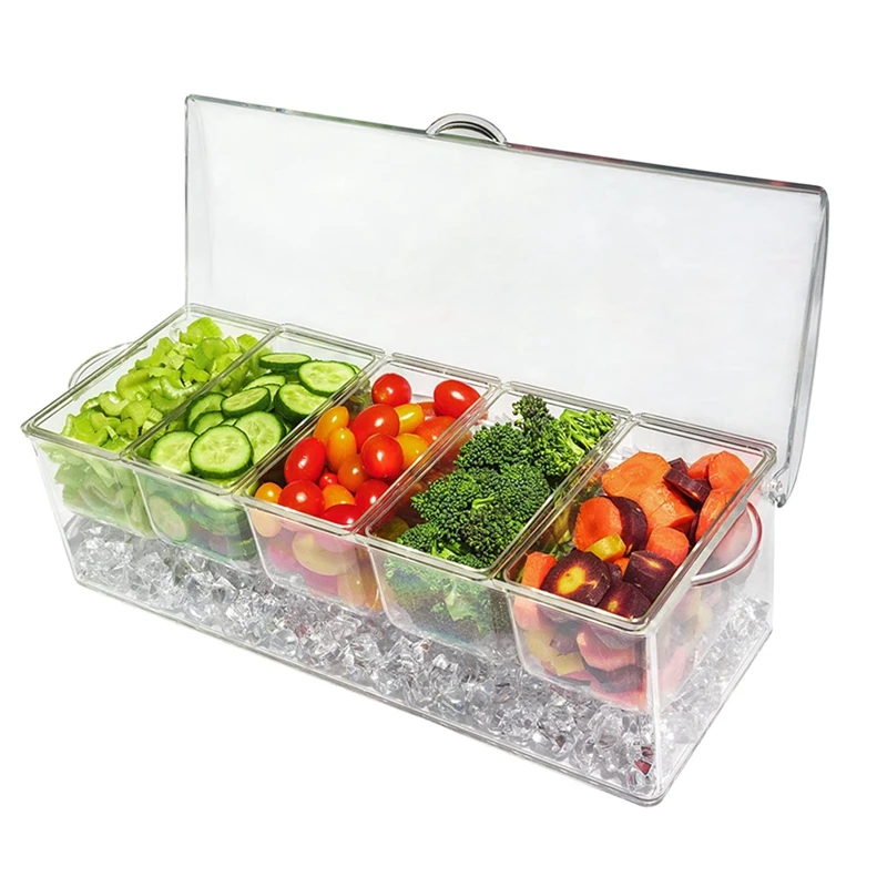 Ice Cold 5 Compartment Condiment Server Rack-Service Tray Container with 5 Removable Trays